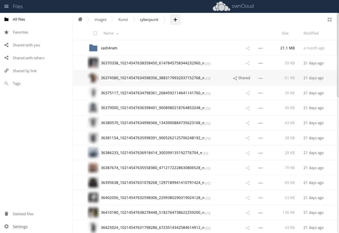 Lista de arquivos do ownCloud 10.0