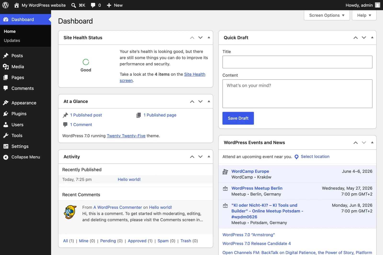 Painel do WordPress 7.0