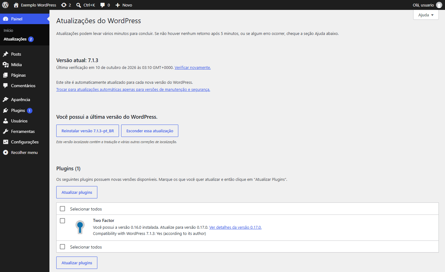 Tela Atualizações do WordPress 7.1.3 informando que o site é atualizado automaticamente a cada nova versão e um plugin com atualização disponível