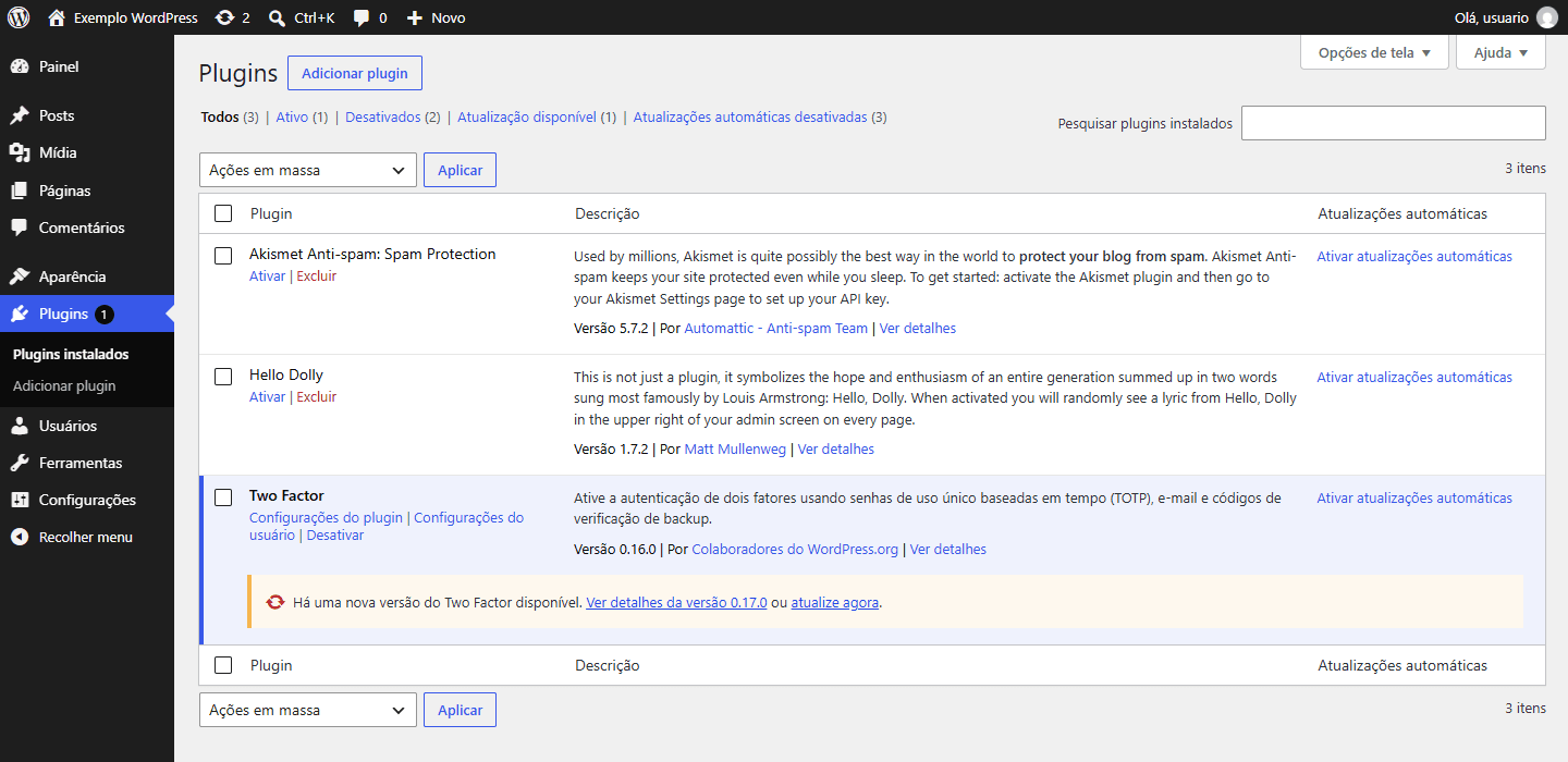 Tela de plugins do WordPress com a coluna Atualizações automáticas e os links Ativar atualizações automáticas