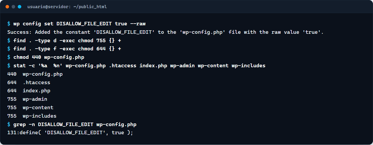 Terminal com a constante DISALLOW_FILE_EDIT adicionada pelo WP-CLI e as permissões 440, 644 e 755 conferidas com stat