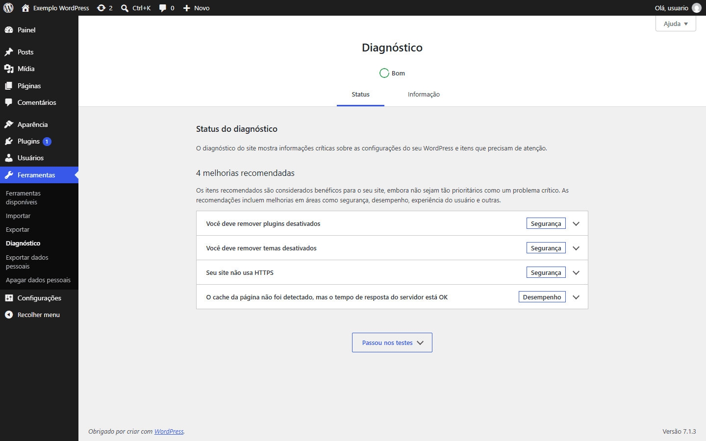 Tela Diagnóstico do WordPress com as recomendações de remover plugins e temas desativados e de usar HTTPS