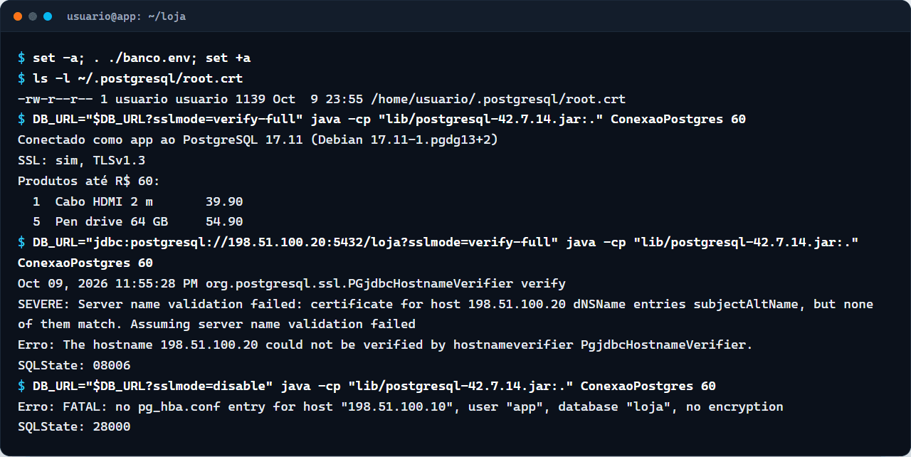 Terminal mostrando a conexão com sslmode=verify-full aceita pelo nome do servidor, recusada pelo IP e a conexão sem SSL recusada pelo pg_hba.conf