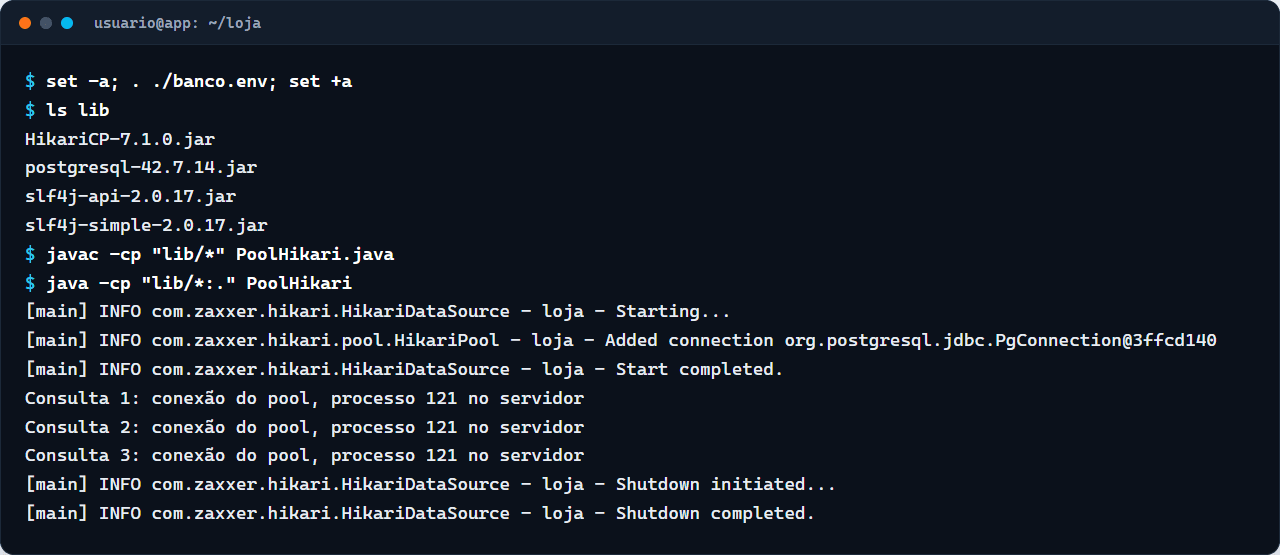 Terminal executando PoolHikari com o HikariCP 7.1.0: o pool inicia, as três consultas usam o mesmo processo do servidor e o pool encerra