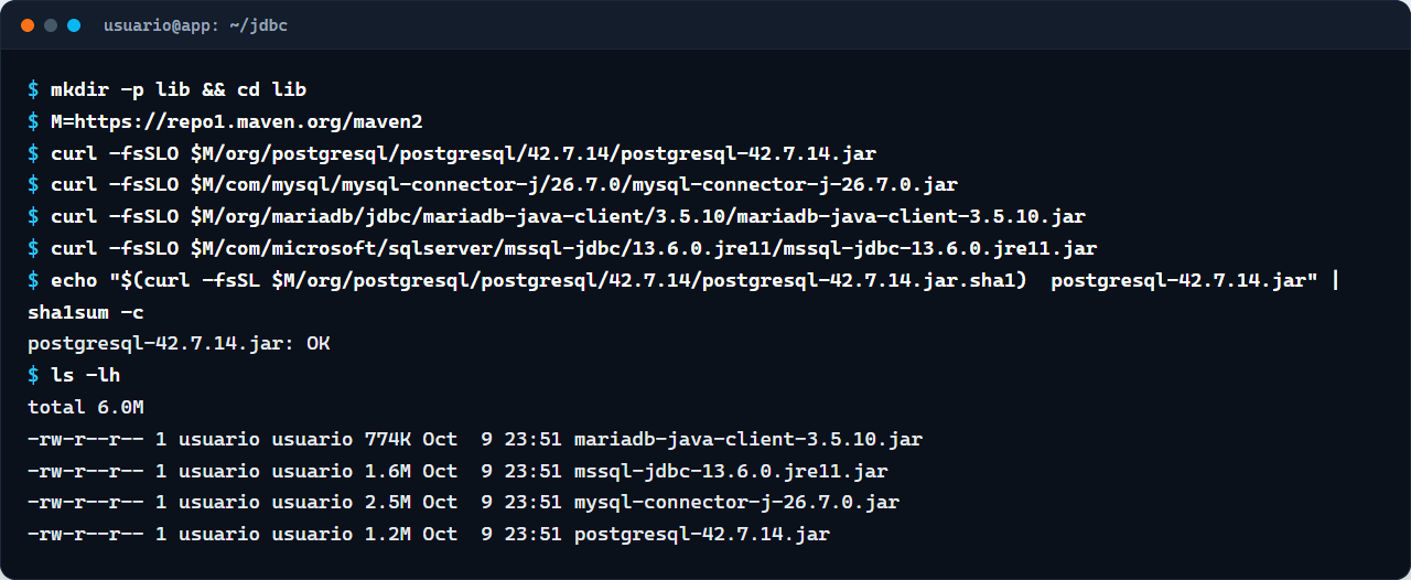 Terminal baixando do Maven Central os drivers JDBC do PostgreSQL, MySQL, MariaDB e SQL Server e conferindo o SHA-1 do pgJDBC