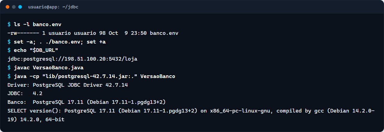 Terminal compilando VersaoBanco.java e conectando ao PostgreSQL 17.11 com o driver pgJDBC 42.7.14