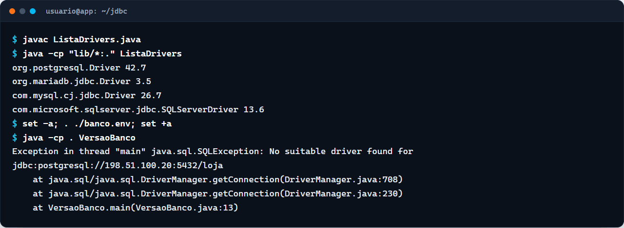 Terminal listando os quatro drivers JDBC registrados e, em seguida, o erro No suitable driver found ao rodar o programa sem o JAR do PostgreSQL