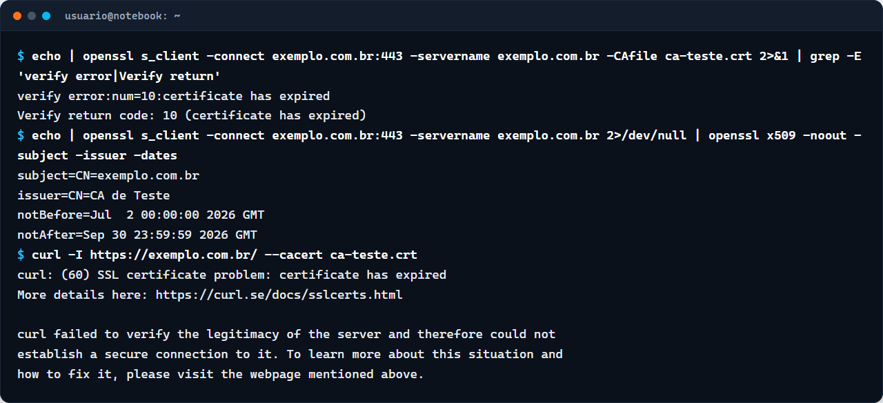 Terminal com openssl s_client acusando certificate has expired, notAfter de 30 de setembro de 2026 e o curl recusando a conexão com o erro 60
