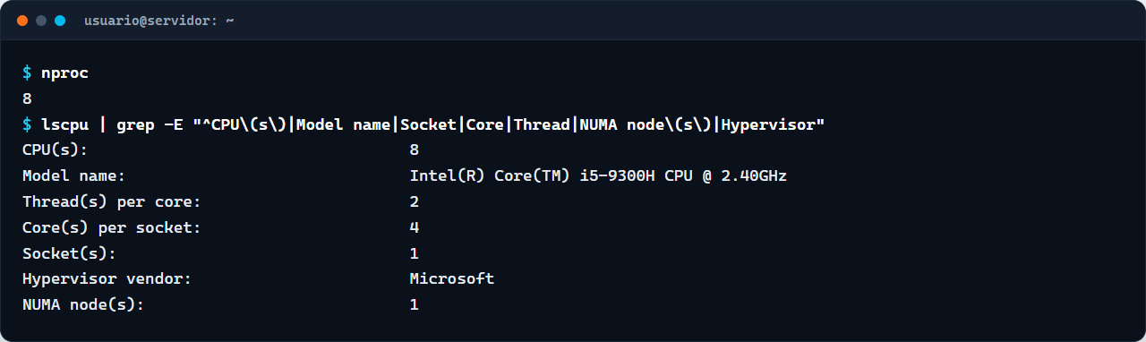 Saída do nproc e do lscpu num ambiente de teste: 8 CPUs, 1 soquete, 4 núcleos com 2 threads cada e a linha Hypervisor vendor Microsoft