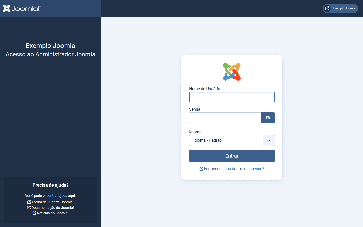 Tela de login do administrador do Joomla 6.1 em português, com o link Esqueceu seus dados de acesso