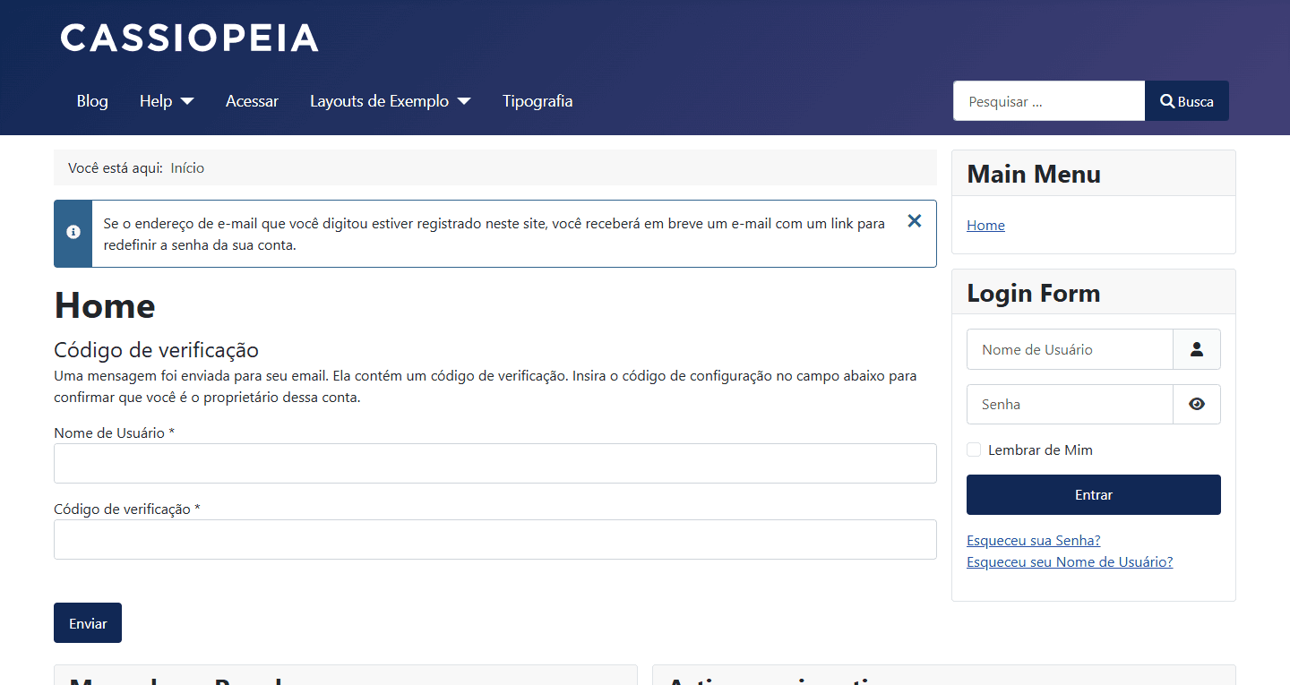 Formulário de redefinição de senha do Joomla com a mensagem de que um e-mail será enviado
