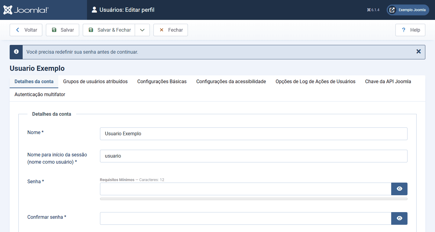 Tela Editar perfil do Joomla com o aviso Você precisa redefinir sua senha antes de continuar