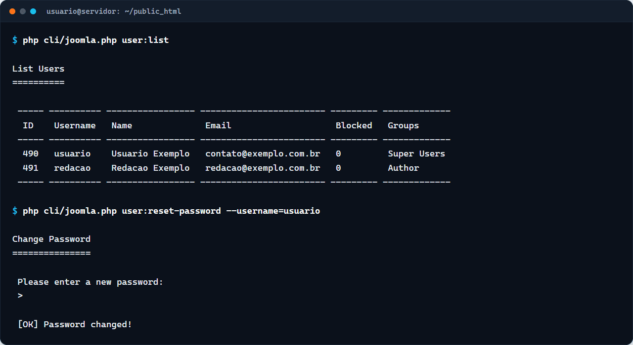 Terminal com os comandos user:list e user:reset-password da CLI do Joomla