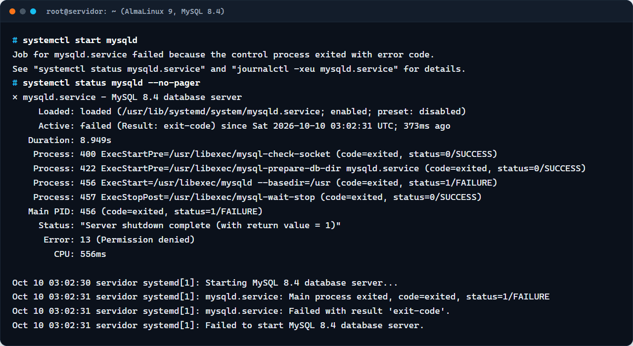 systemctl start mysqld falhando e systemctl status mostrando falha com Error 13 Permission denied no MySQL 8.4