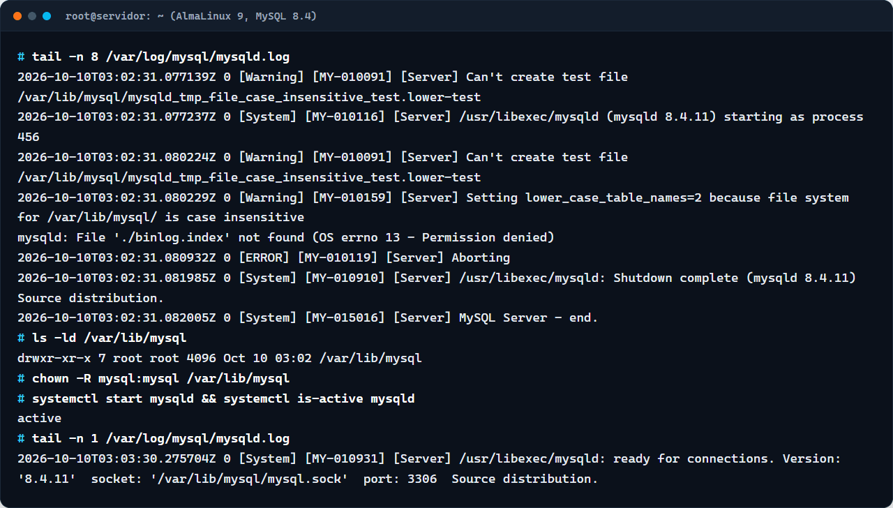 Log do MySQL com OS errno 13 Permission denied, diretório /var/lib/mysql do root e correção com chown e start bem-sucedido