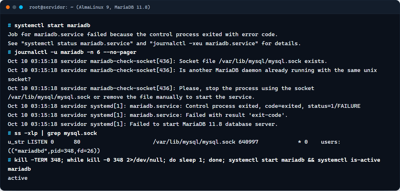 journalctl com Is another MariaDB daemon already running with the same unix socket, ss mostrando o processo e start depois de encerrá-lo