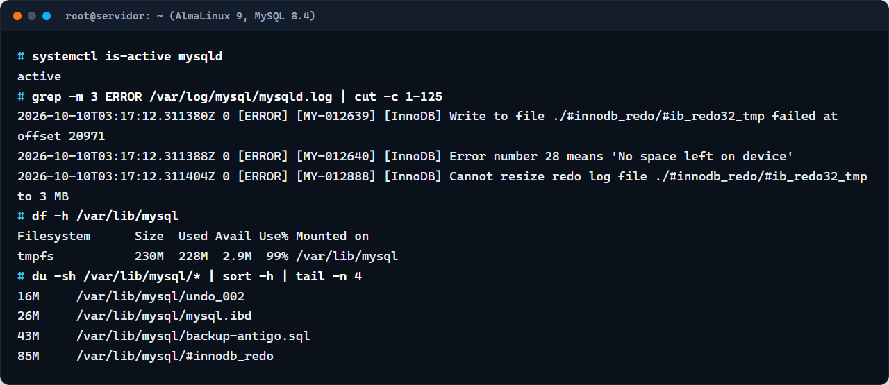 MySQL 8.4 ativo com erros Error number 28 No space left on device no log, df mostrando 99 por cento e du apontando o que ocupa o espaço