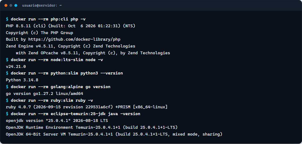 Terminal com as versões do PHP 8.5, Node.js 24, Python 3.14, Go 1.27, Ruby 4.0 e Java 25 nas imagens oficiais do Docker