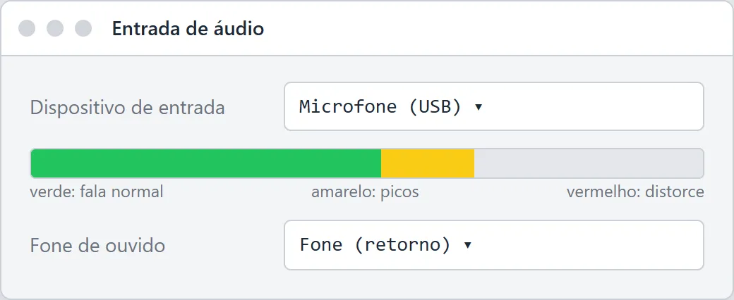 Ilustração da entrada de áudio de um programa de transmissão: o microfone escolhido, o medidor de volume entre o verde e o amarelo e o fone de retorno