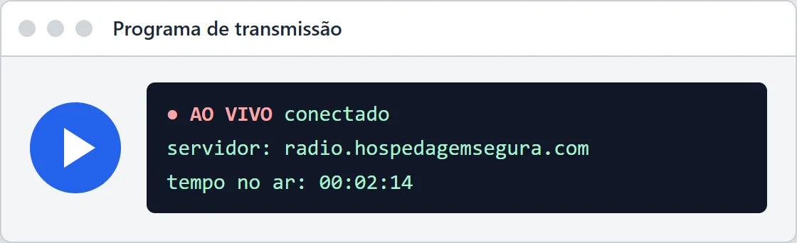 Ilustração da janela principal de um programa de transmissão: o botão de conectar e o visor mostrando ao vivo e conectado