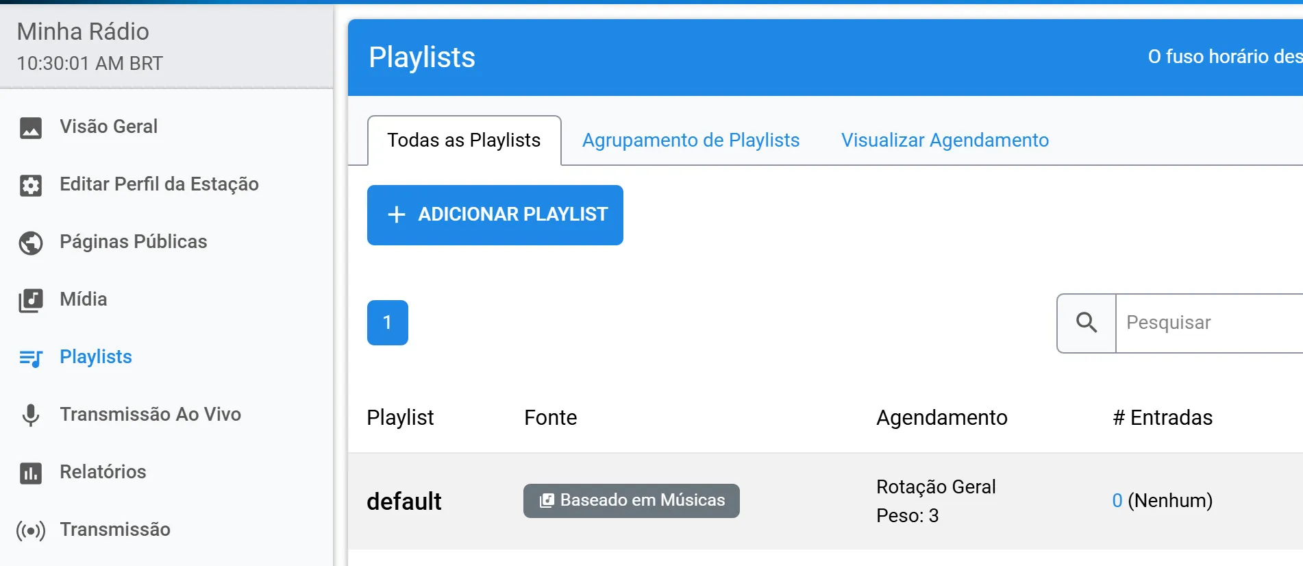 Página Playlists do painel, com a playlist default vazia e o botão Adicionar Playlist