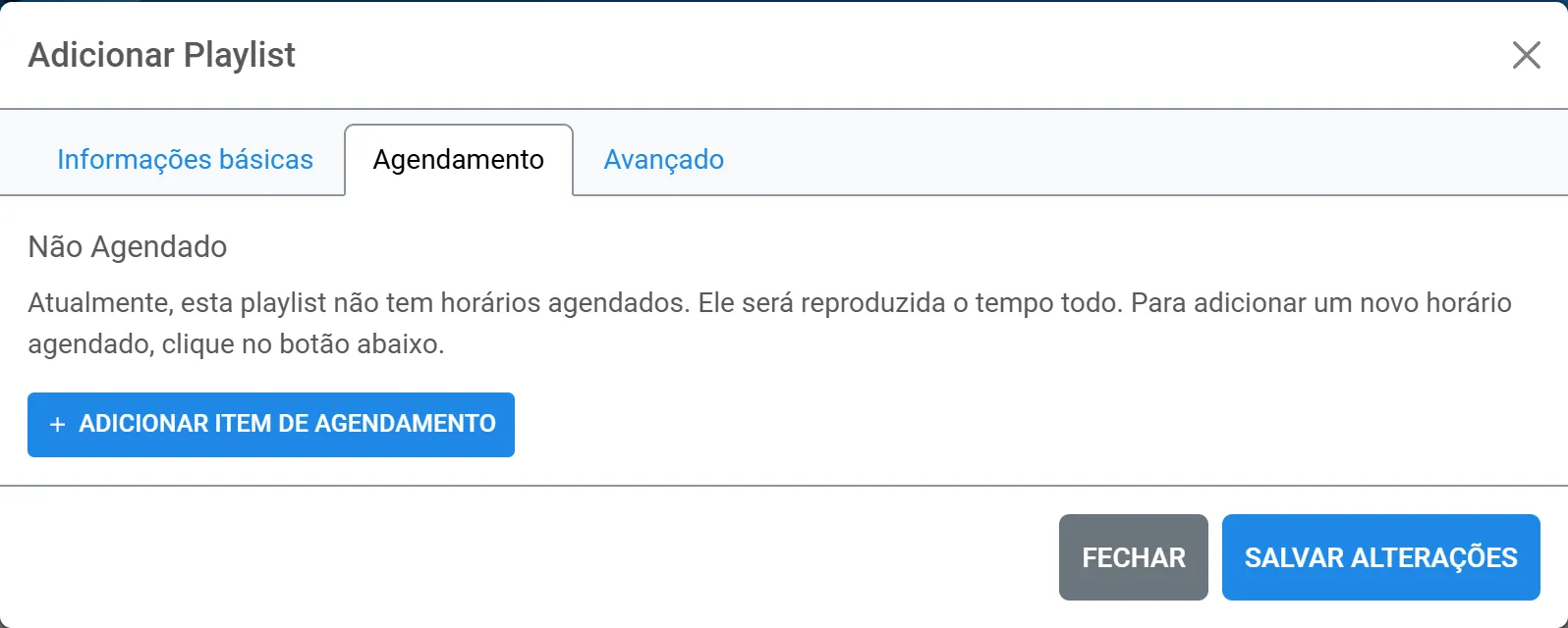 Aba Agendamento da playlist sem nenhum horário cadastrado