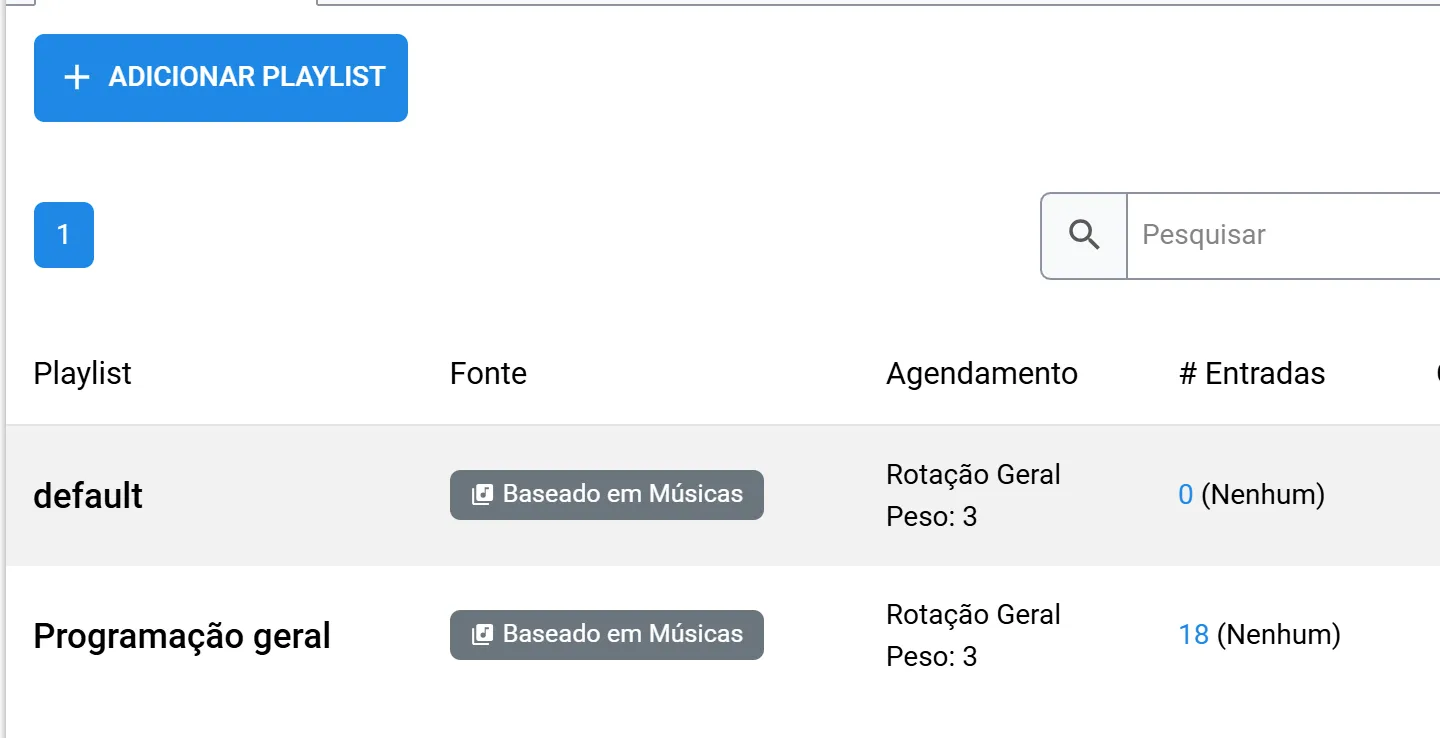 Lista de playlists com a Programação geral mostrando 18 músicas na coluna # Entradas