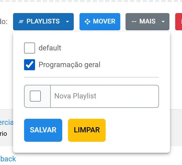 Botão Playlists aberto com a playlist Programação geral marcada e o botão Salvar