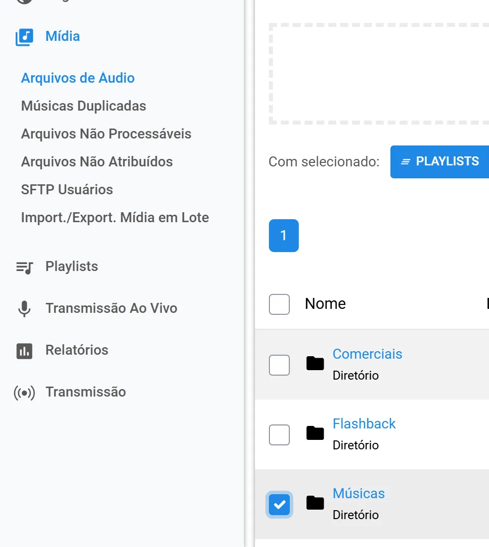 Arquivos de Áudio com a pasta Músicas marcada