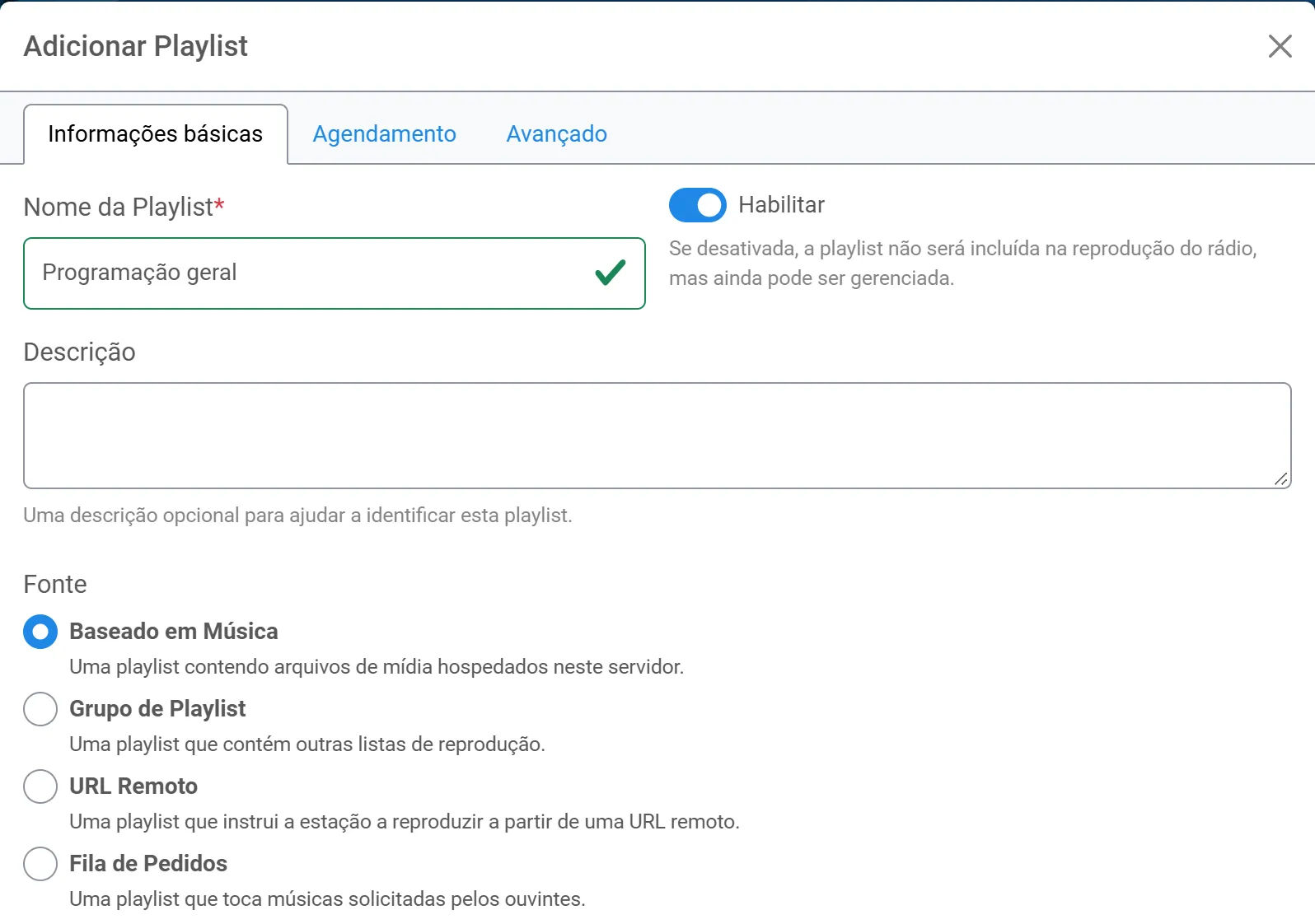 Janela Adicionar Playlist: nome Programação geral, Habilitar ligado e a fonte Baseado em Música marcada