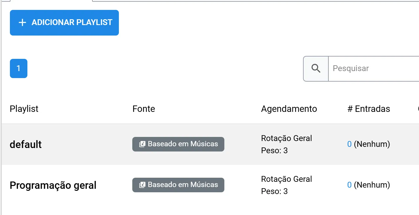 Lista de playlists com a nova Programação geral, Rotação Geral, peso 3 e 0 músicas