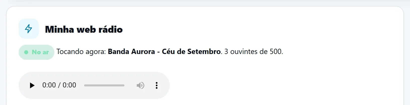 Cartão Minha web rádio na central do cliente com a rádio No ar e a música atual