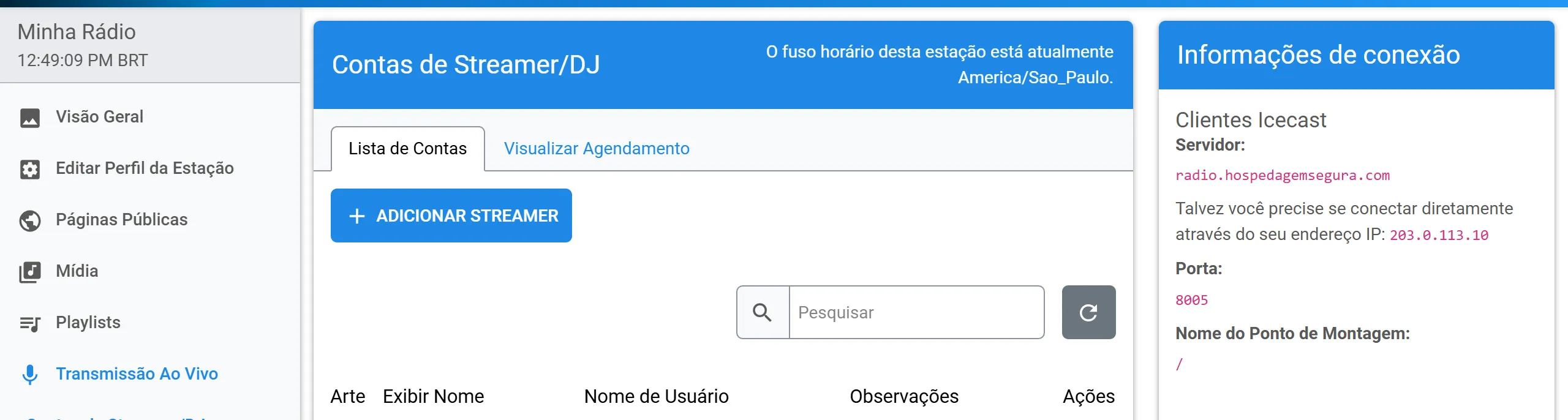 Página Contas de Streamer/DJ com o botão Adicionar streamer e o quadro Informações de conexão ao lado