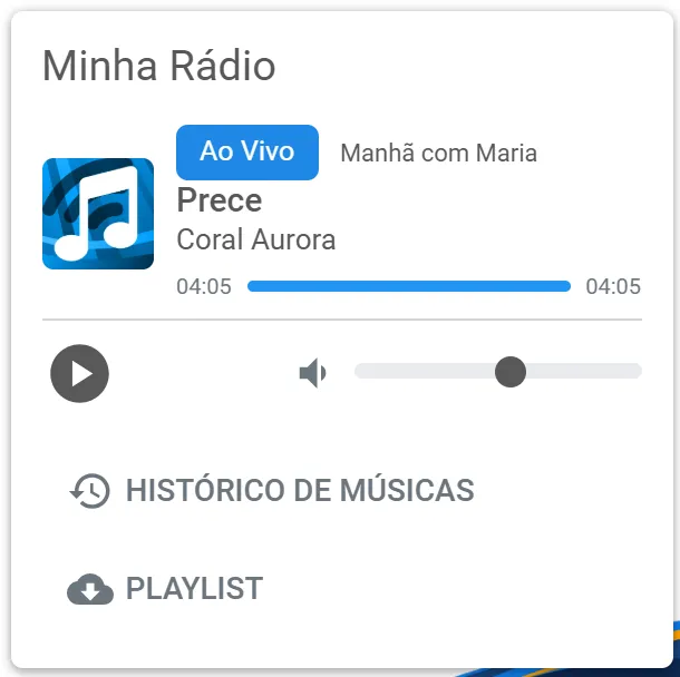 Página pública da rádio no celular mostrando o locutor Manhã com Maria ao vivo