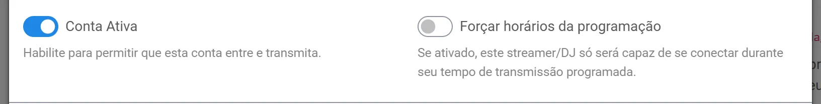 Opções Conta Ativa e Forçar horários da programação na conta do locutor