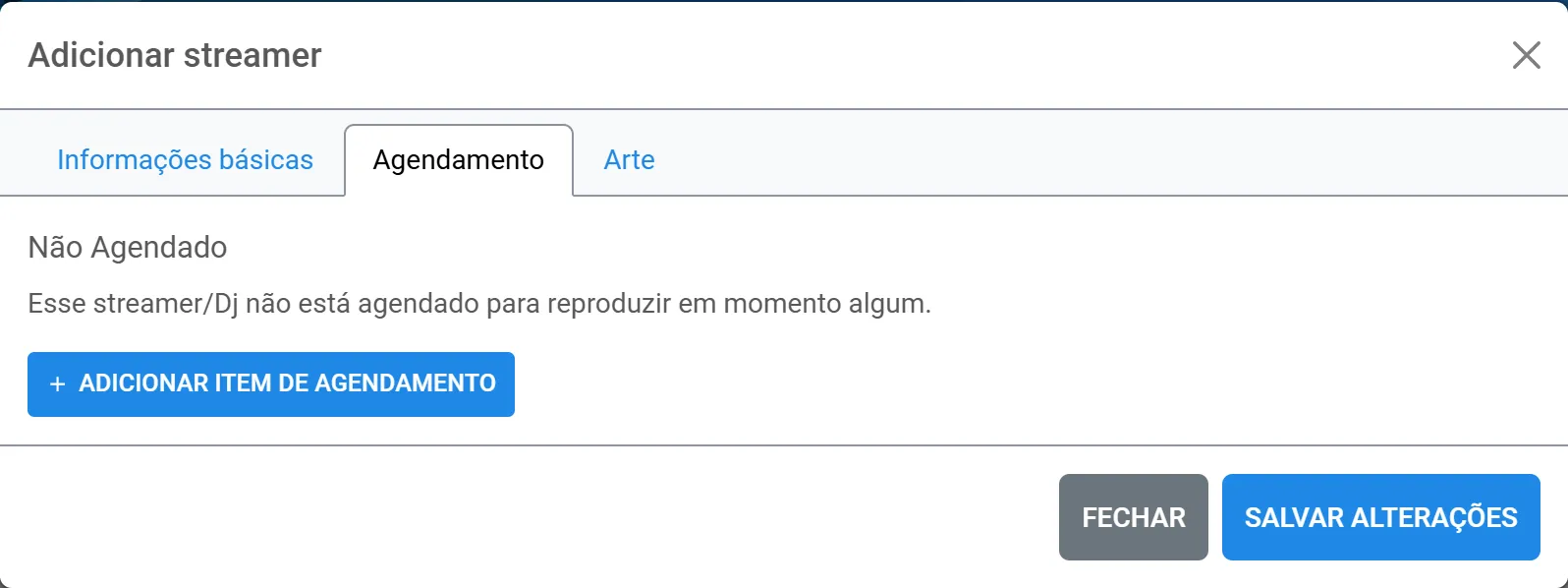 Aba Agendamento da conta do locutor, ainda sem horários