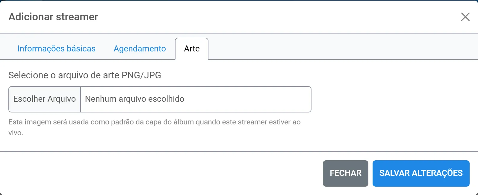 Aba Arte da conta do locutor, com o campo para escolher a imagem