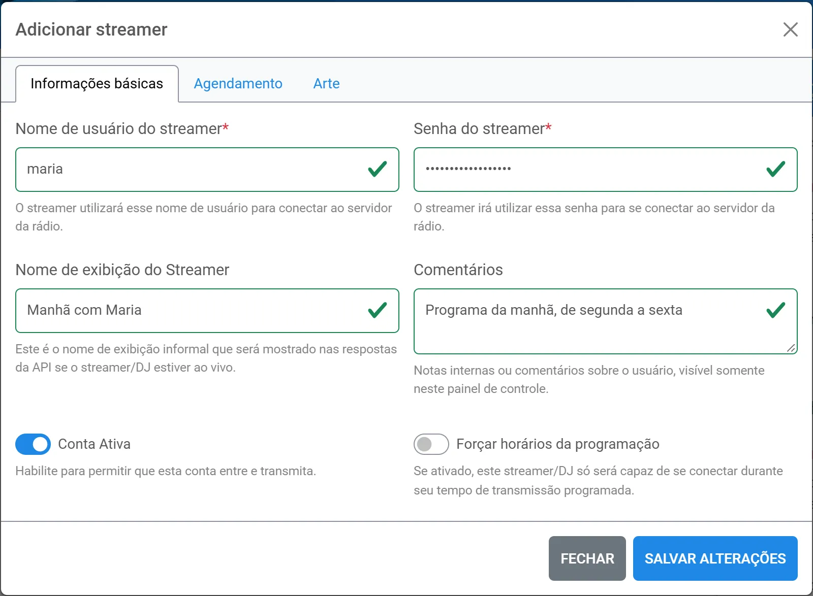 Janela Adicionar streamer: usuário maria, senha, nome de exibição Manhã com Maria, comentários, Conta Ativa ligada e Forçar horários desligado
