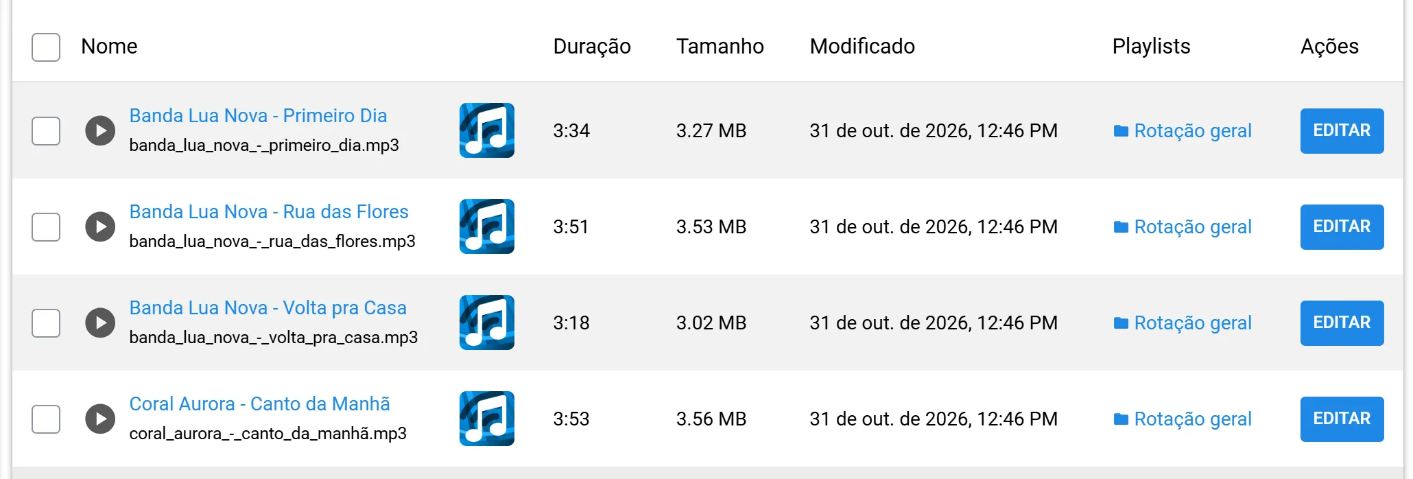 Músicas enviadas na pasta musicas, com título, artista, duração e o botão Editar