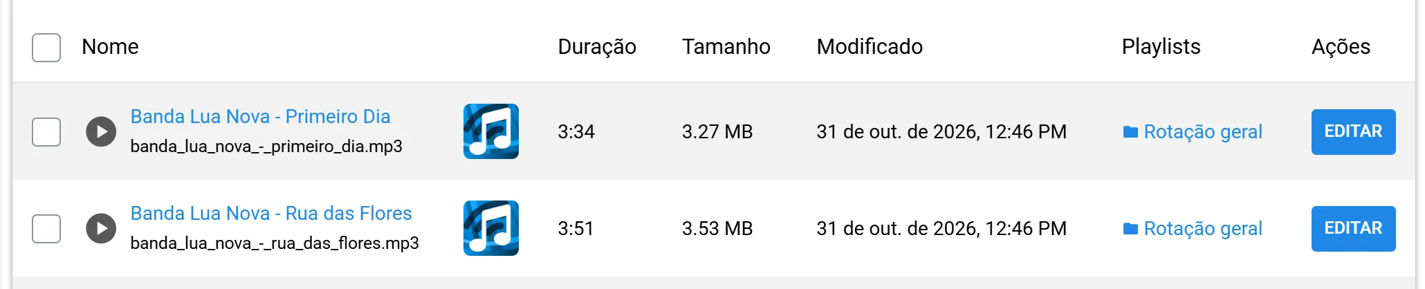 Linha de uma música na lista de arquivos, com o botão Editar