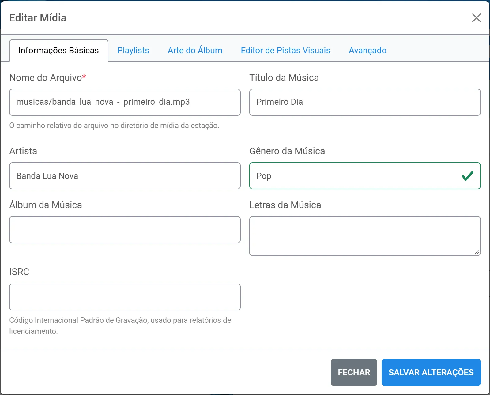 Janela Editar Mídia, aba Informações Básicas: título, artista, álbum, gênero, ISRC e nome do arquivo
