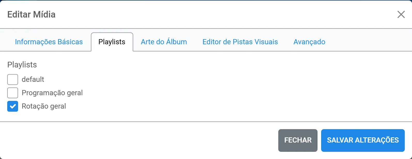 Aba Playlists da edição da música, com as playlists para marcar