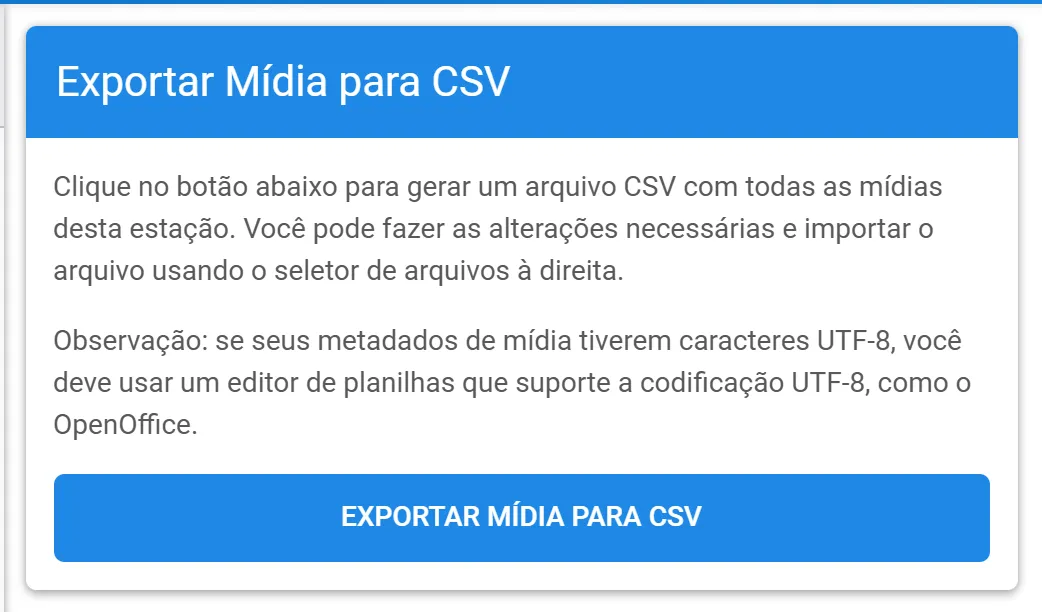 Quadro Exportar Mídia para CSV com o botão de exportar