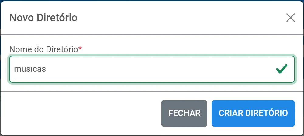 Janela Nova Pasta com o nome musicas e o botão Criar Diretório