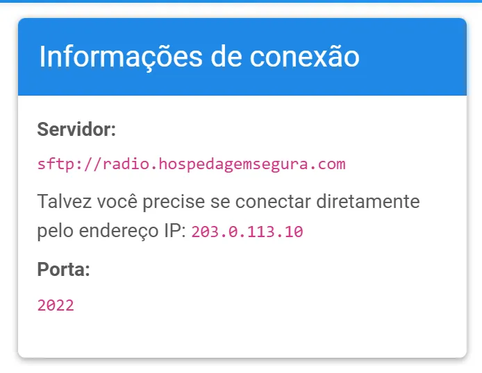 Quadro Informações de conexão do SFTP com o servidor e a porta 2022