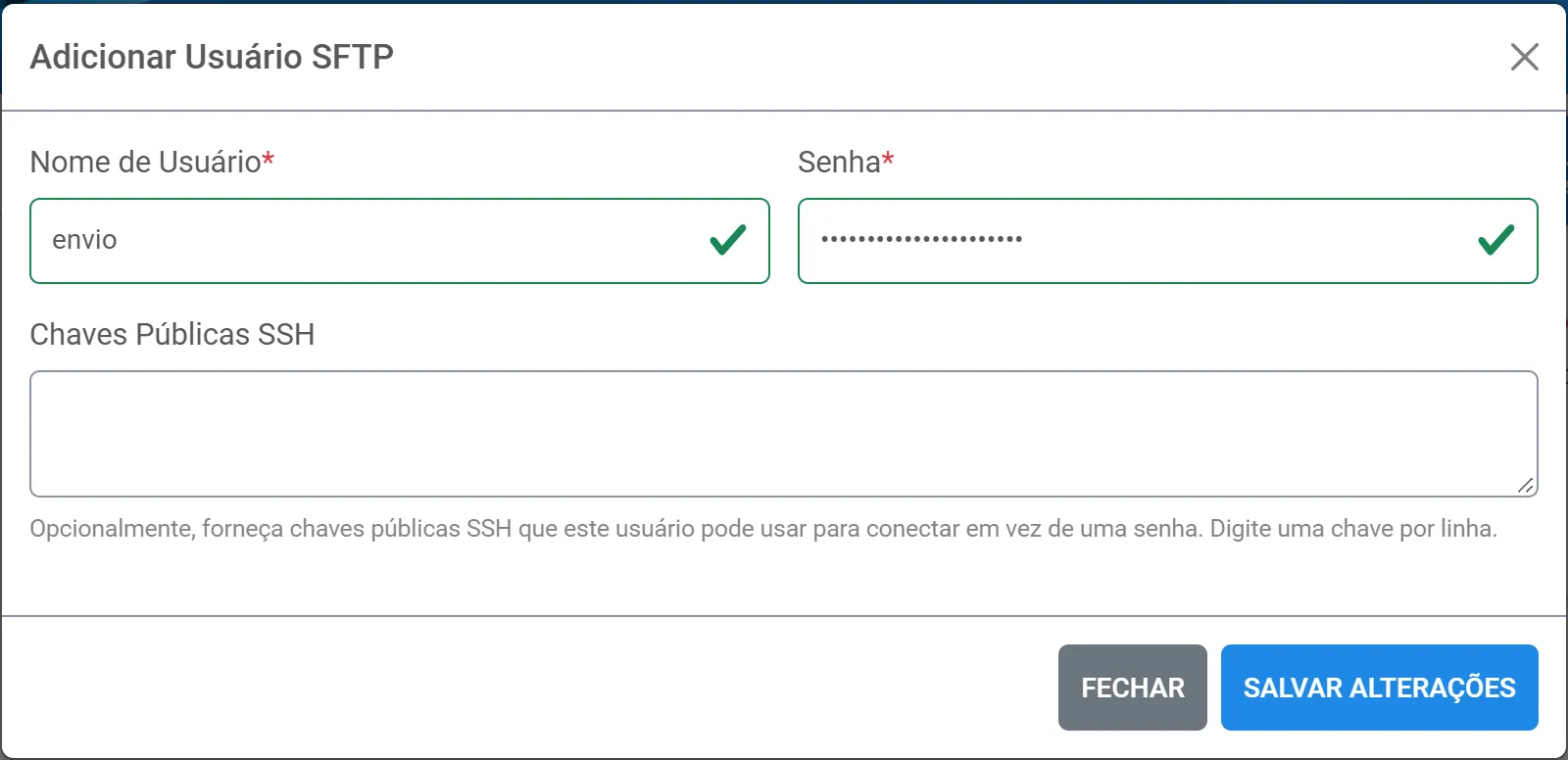 Janela de novo usuário SFTP com nome de usuário, senha e chaves públicas SSH