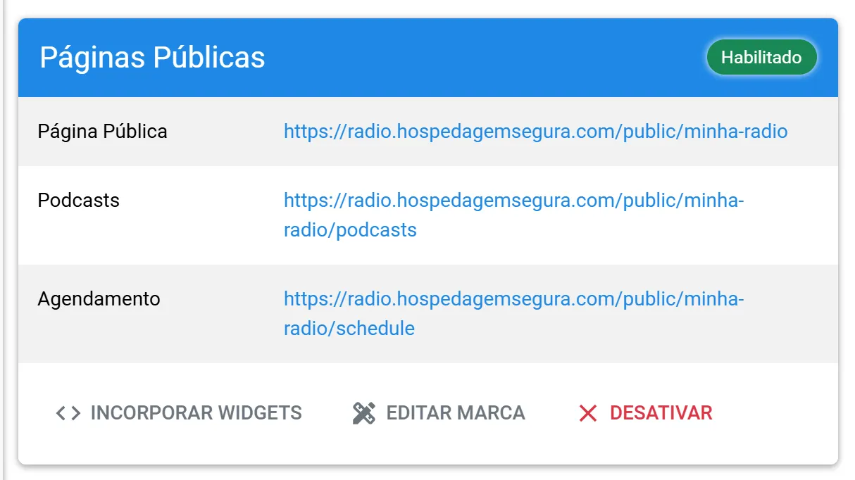 Quadro Páginas Públicas da Visão Geral com o botão Incorporar Widgets