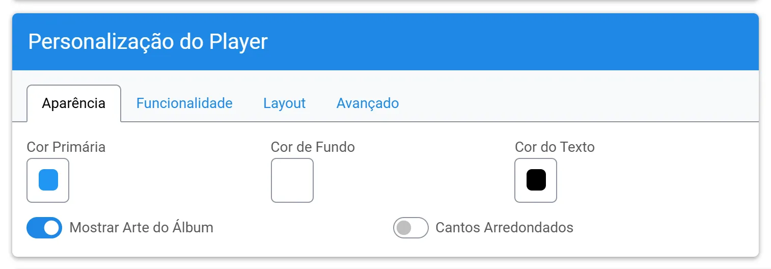 Personalização do Player, aba Aparência: as três cores, Mostrar Arte do Álbum e Cantos Arredondados