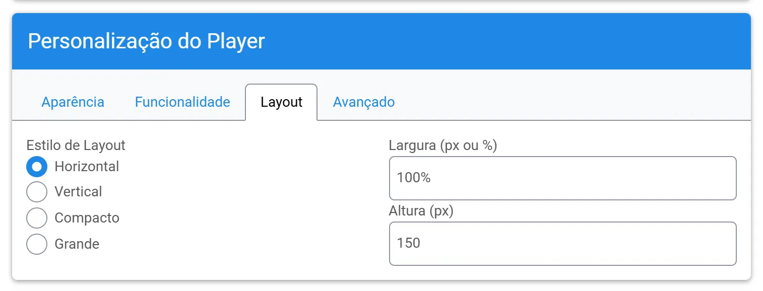 Aba Layout: estilo do layout, largura e altura do player