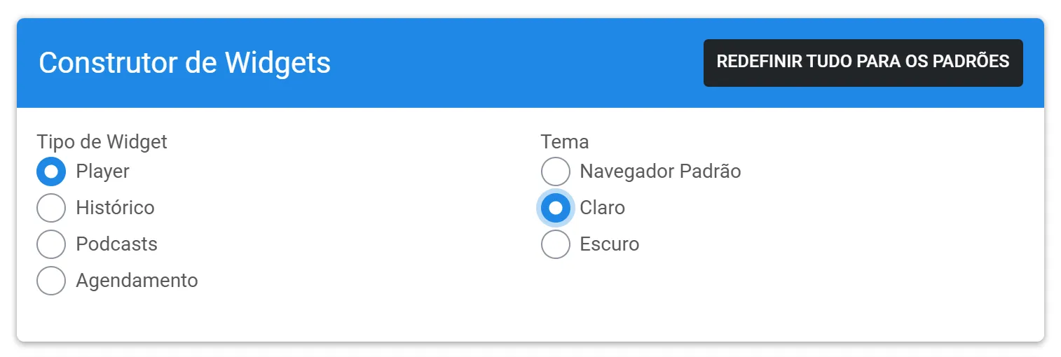 Construtor de Widgets com o tipo Player e o tema Claro marcados